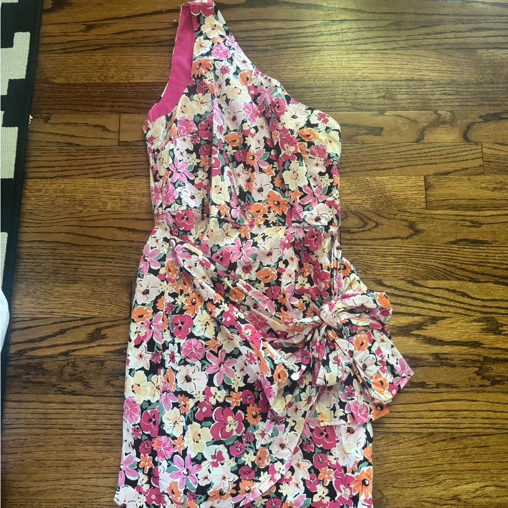 Gorgeous Garden Pink Floral One-Shoulder Faux-Wrap Mini Dress - Picture 2 of 5